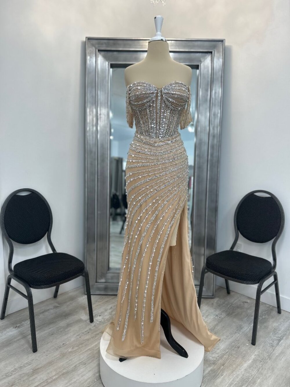 Clarisse 811106 Nude Silver Beaded Prom Pageant Evening Gown Multiple Sizes - Picture 8 of 8
